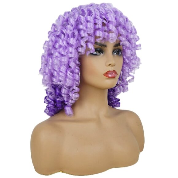 Purple Short Curly Wigs With Bangs - Picture 2 of 3